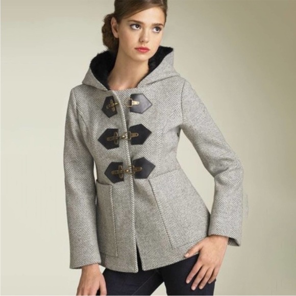 Smythe Herringbone Hooded Wool Toggle Front Coat Jacket 4